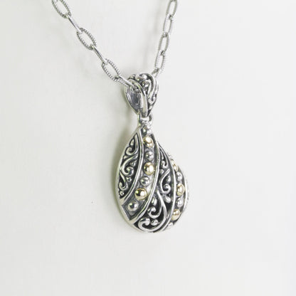 Tear drop pendant necklace 925 sterling silver with filigree ornament and 18 K yellow gold