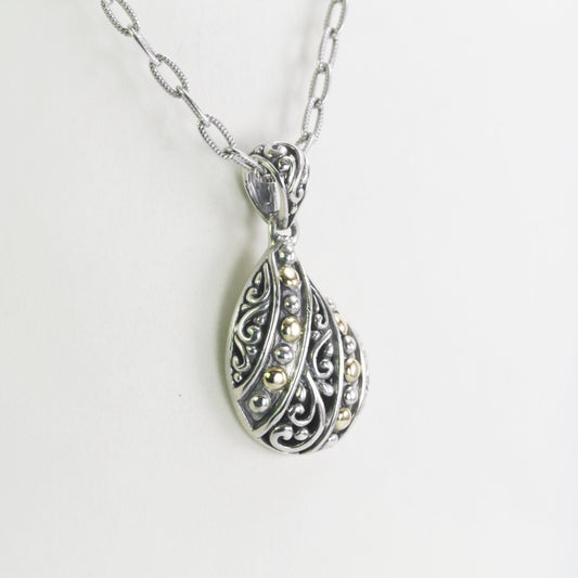 Tear drop pendant necklace 925 sterling silver with filigree ornament and 18 K yellow gold