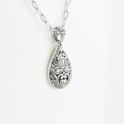 Tear drop pendant necklace 925 sterling silver decorated with 18K gold accent and open work ornament art
