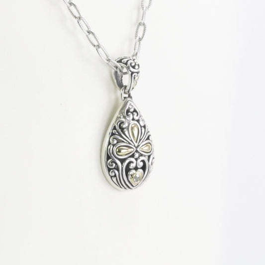 Tear drop pendant necklace 925 sterling silver decorated with 18K gold accent and open work ornament art