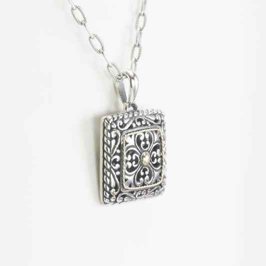 square pendant necklace 925 sterling silver with real 18K yellow gold dot and cable accent