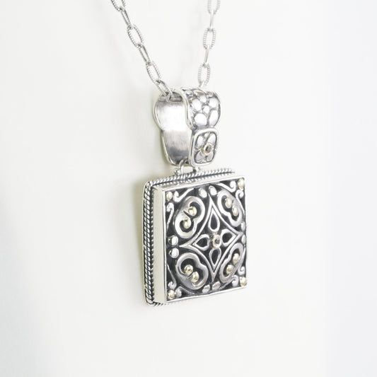 Square pendant necklace with real 18K yellow gold dot and white topaz set in 925 sterling silver and open work filigree ornament