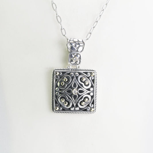 Square pendant necklace with real 18K yellow gold dot and white topaz set in 925 sterling silver and open work filigree ornament