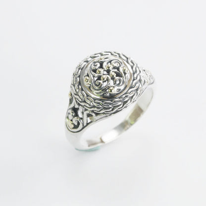 signet ring round 925 sterling silver decorated with open work filigree art and 18K real yellow gold