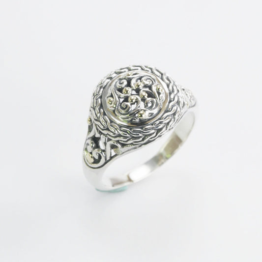 signet ring round 925 sterling silver decorated with open work filigree art and 18K real yellow gold
