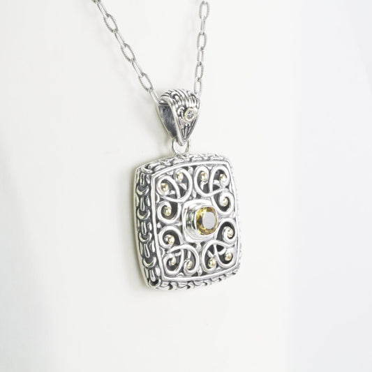 Square shape silver pendant necklace with 6 mm yellow citrine decorated with Bali handcrafted filigree art and 18K gold accent