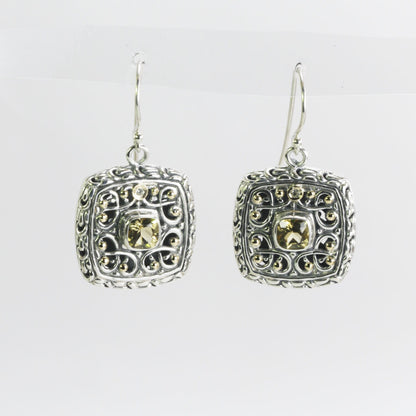 Square silver earrings with genuine yellow citrine decorated beautiful handcrafted filigree and 18K yellow gold accent