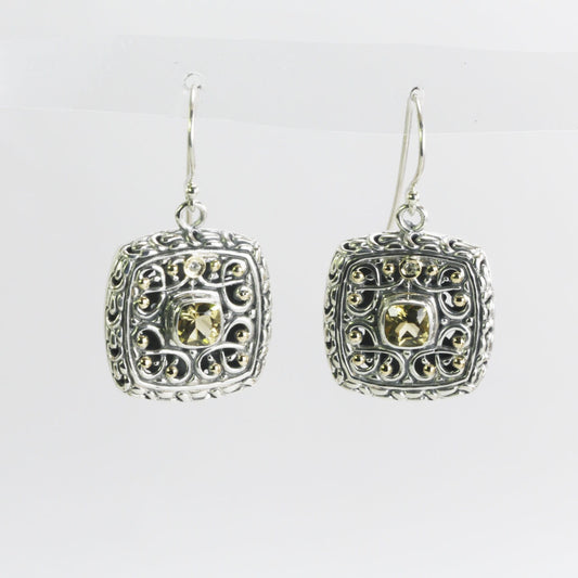 Square silver earrings with genuine yellow citrine decorated beautiful handcrafted filigree and 18K yellow gold accent