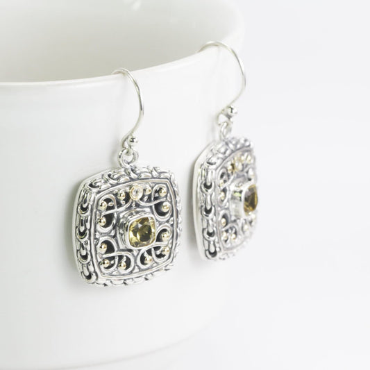 Square silver earrings with genuine yellow citrine decorated beautiful handcrafted filigree and 18K yellow gold accent