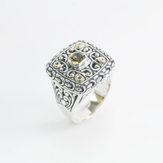 square ring 925 sterling silver with genuine yellow citrine decorated swirl filigree and 18K gold