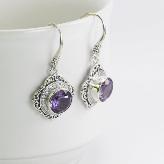 dangle drop earrings 925 sterling silver with genuine amethyst decorated with white topaz pave