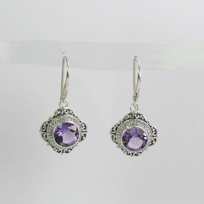 dangle drop earrings 925 sterling silver with genuine amethyst decorated with white topaz pave