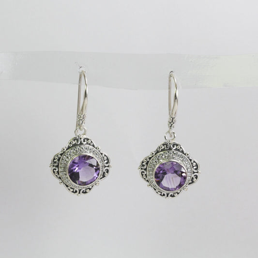 dangle drop earrings 925 sterling silver with genuine amethyst decorated with white topaz pave