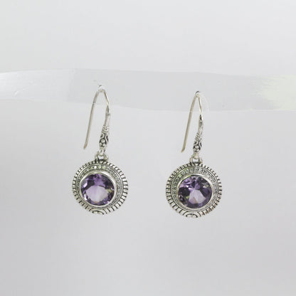 amethyst earrings round shape set in 925 sterling silver decorated with white topaz pave and cable rope edge