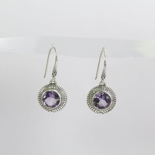 amethyst earrings round shape set in 925 sterling silver decorated with white topaz pave and cable rope edge