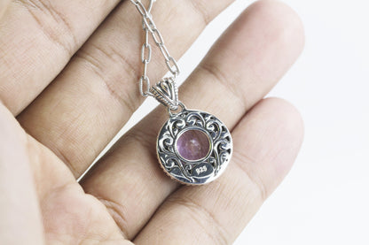 amethyst Necklace Pendant set in 925 sterling silver decorated with guanine white topaz and cable handcrafted