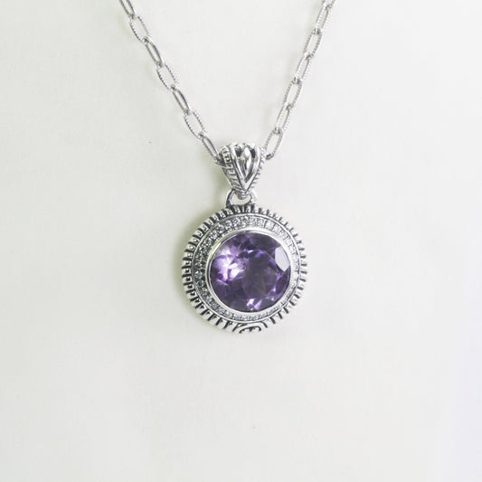 amethyst Necklace Pendant set in 925 sterling silver decorated with guanine white topaz and cable handcrafted