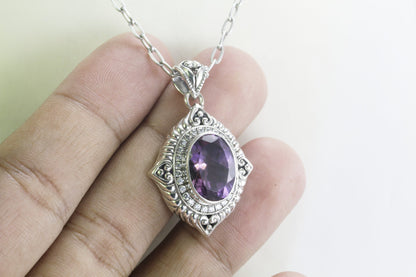 amethyst necklace pendant oval set in 925 sterling silver necklace pendant decorated with genuine white topaz Genuine