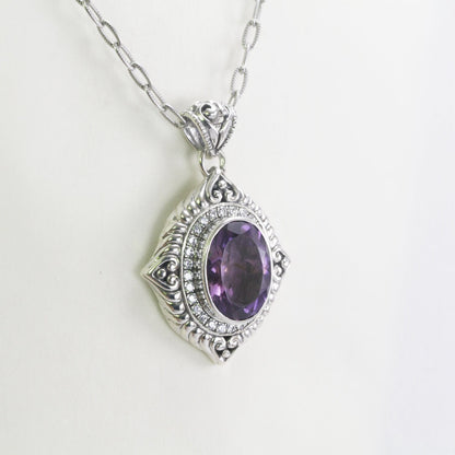 amethyst necklace pendant oval set in 925 sterling silver necklace pendant decorated with genuine white topaz Genuine