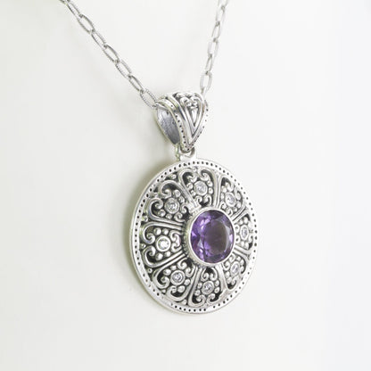 amethyst pendant 925 sterling silver decorated with lotus filigree art and white topaz pave