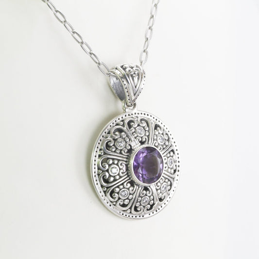 amethyst pendant 925 sterling silver decorated with lotus filigree art and white topaz pave