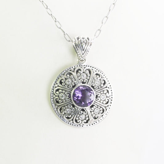 amethyst pendant 925 sterling silver decorated with lotus filigree art and white topaz pave