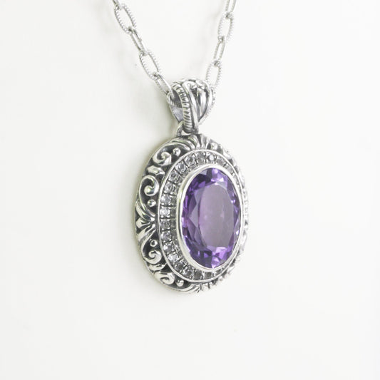 amethyst pendant necklace oval shape set in 925 sterling silver filigree art and white topaz pave