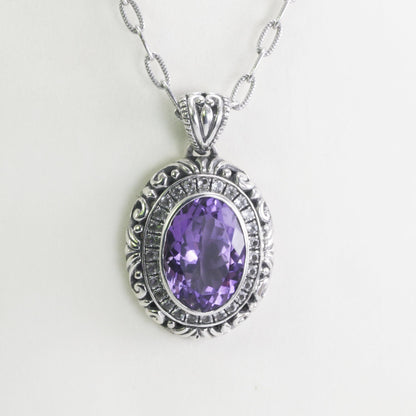 amethyst pendant necklace oval shape set in 925 sterling silver filigree art and white topaz pave
