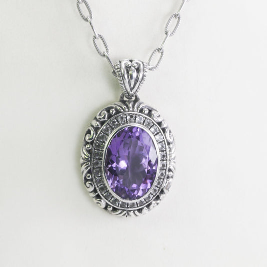 amethyst pendant necklace oval shape set in 925 sterling silver filigree art and white topaz pave