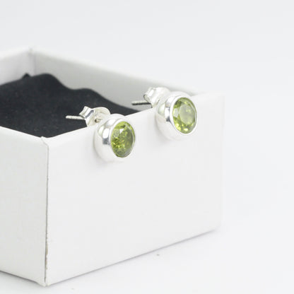 Natural Peridot stud earrings set in 925 sterling silver push back closure 7 mm round