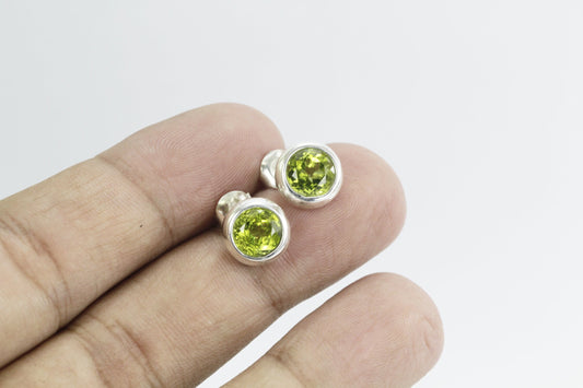Natural Peridot stud earrings set in 925 sterling silver push back closure 7 mm round