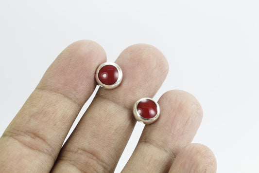 Round Red Coral Stud Earrings 7 mm Round set in 925 sterling silver, Genuine Coral Stud
