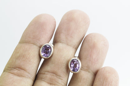 Oval Amethyst Earrings Studs 6*8 oval shape bezel set in 925 stud earrings push back closure