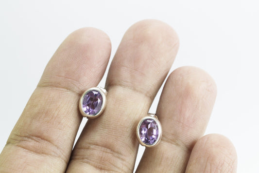 Oval Amethyst Earrings Studs 6*8 oval shape bezel set in 925 stud earrings push back closure