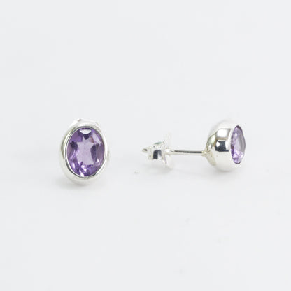Oval Amethyst Earrings Studs 6*8 oval shape bezel set in 925 stud earrings push back closure