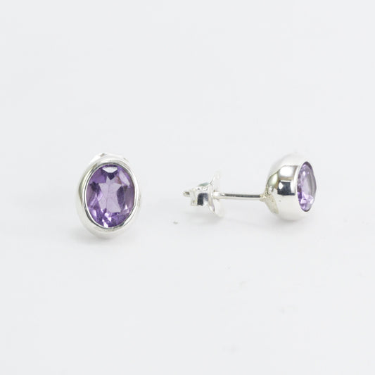 Oval Amethyst Earrings Studs 6*8 oval shape bezel set in 925 stud earrings push back closure