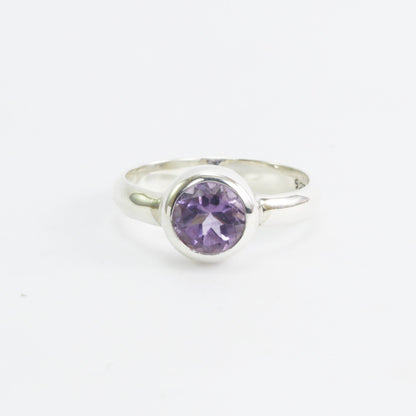 Amethyst solitaire ring for women 7 mm round handmade bezel set in 925 sterling silver