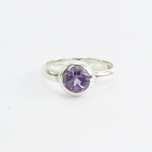 Amethyst solitaire ring for women 7 mm round handmade bezel set in 925 sterling silver
