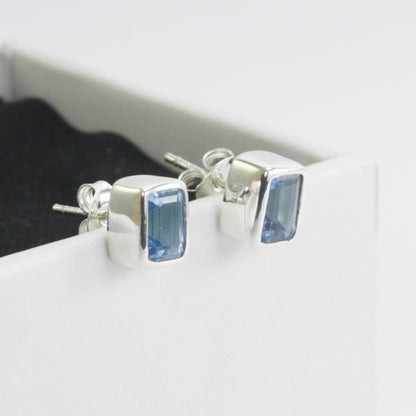 Genuine Blue Topaz Earrings Studs for women 5*7 Octagon shape bezel set in 925 stud earrings push back closure