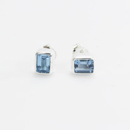 Genuine Blue Topaz Earrings Studs for women 5*7 Octagon shape bezel set in 925 stud earrings push back closure