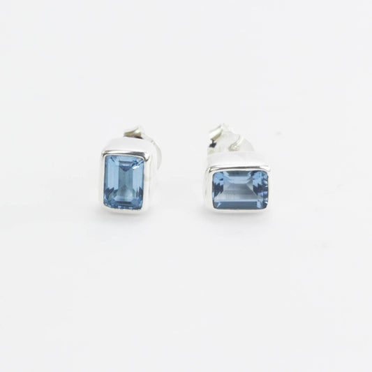 Genuine Blue Topaz Earrings Studs for women 5*7 Octagon shape bezel set in 925 stud earrings push back closure