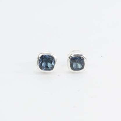 Genuine London Blue Topaz Earrings Studs for women 6*6 Square Cushion shape bezel set in 925 stud earrings push back closure