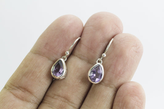 Teardrop Amethyst Earrings bezel set in  dangle 925 sterling silver 6*9 m drop