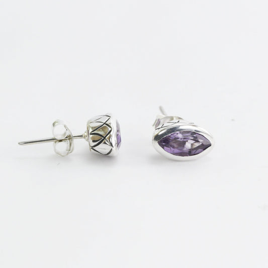 Marquise Amethyst Earrings Studs for women 5*10 mm bezel set in 925 stud earrings push back closure