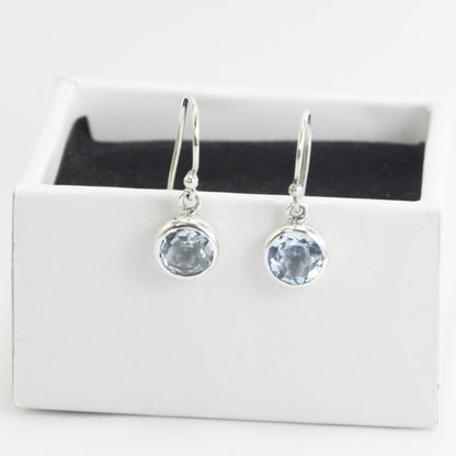 Blue Topaz Earrings bezel set in  dangle 925 sterling silver 7 mm round dangle drop
