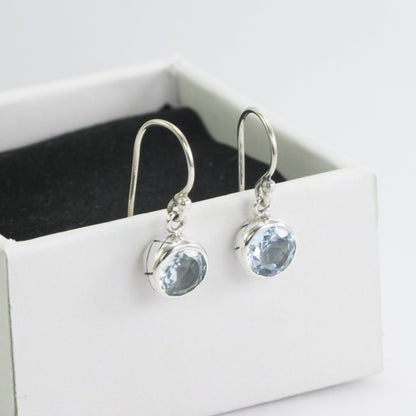 Blue Topaz Earrings bezel set in  dangle 925 sterling silver 7 mm round dangle drop