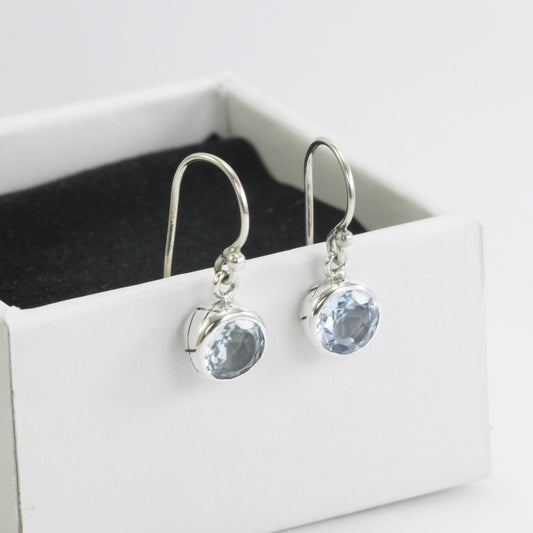 Blue Topaz Earrings bezel set in  dangle 925 sterling silver 7 mm round dangle drop