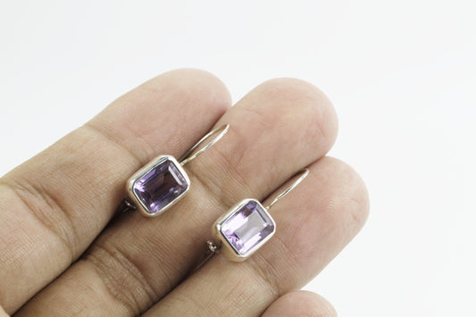 Amethyst Earrings bezel set in  dangle 925 sterling silver 7*9 mm Square, kidney earrings