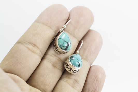 Teardrop Turquoise Dangling Earrings set in 925 Sterling Silver Decorated with filigree handmade bezel