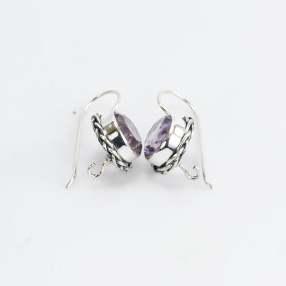 Genuine Amethyst earrings with kidney lock 925 sterling silver decorated with cable edge rope style